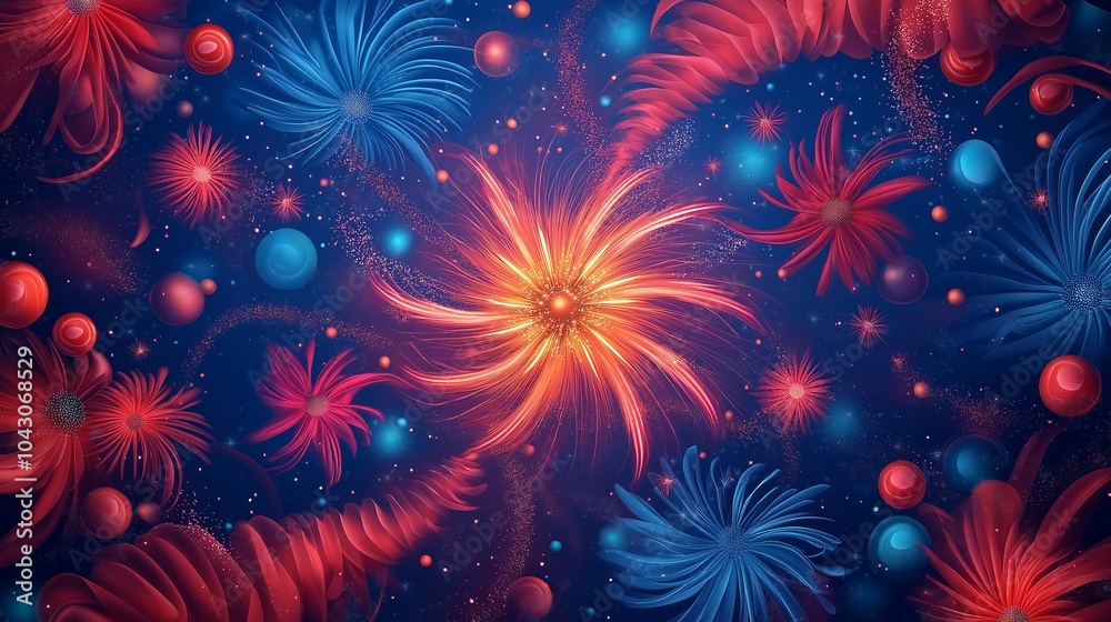 Fototapeta premium Abstract floral design with swirling red and blue patterns on a dark blue background.