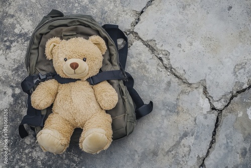 Missing Children: Lonely Teddy Bear on Cement Floor, Broken Heart, Unwanted Doll photo