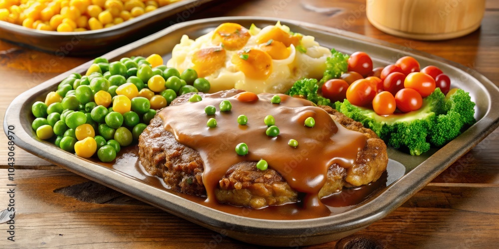 Salisbury Steak Dinner Plate in Retro Style, Classic TV Dinner Aesthetic, Nostalgic Food Photography, Vintage Dining Experience, Comfort Food, Delicious Meal Presentation, Culinary Delight Salisbury Steak Dinner Plate in Retro Style, Classic TV Dinner Aesthetic, Nostalgic Food Photography, Vintage Dining Experience, Comfort Food, Delicious Meal Presentation, Culinary Delight