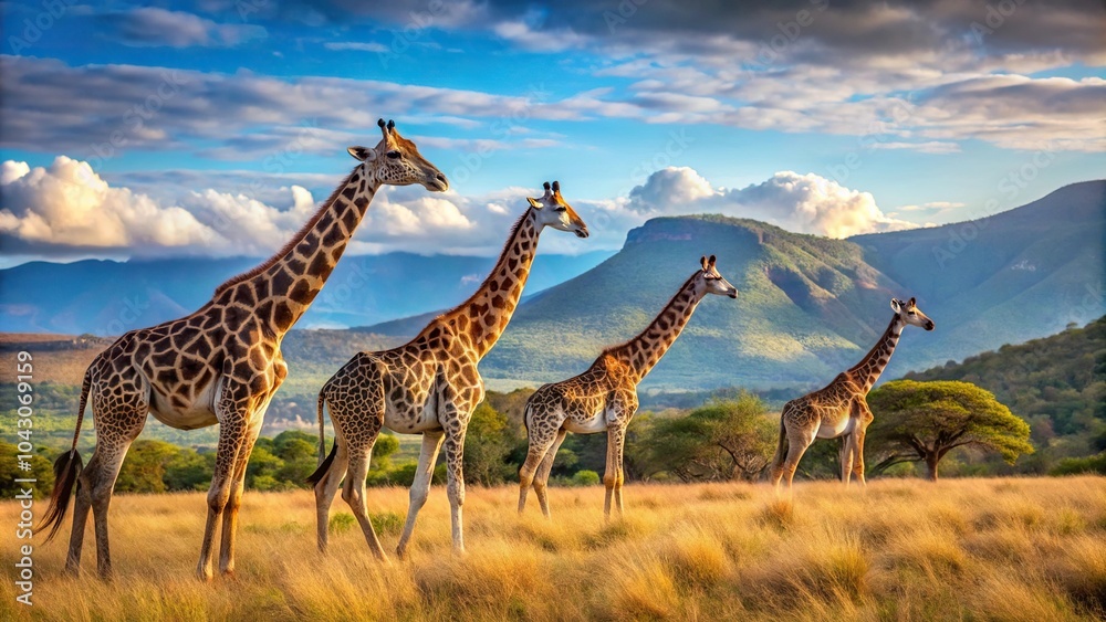 Obraz premium Giraffes in mountain landscape with sky and trees