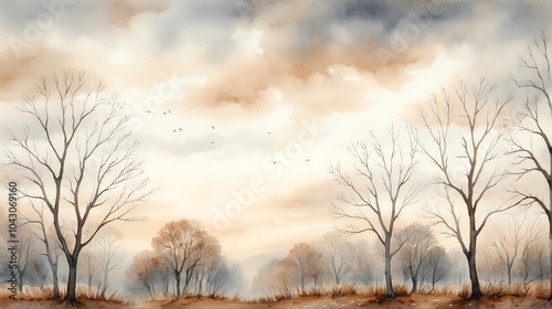 Serene Solitude: A tranquil watercolor painting of a barren landscape, with bare trees silhouetted against a dramatic sky. Watercolor Illustration. Drawing. Art. Autumn. 4