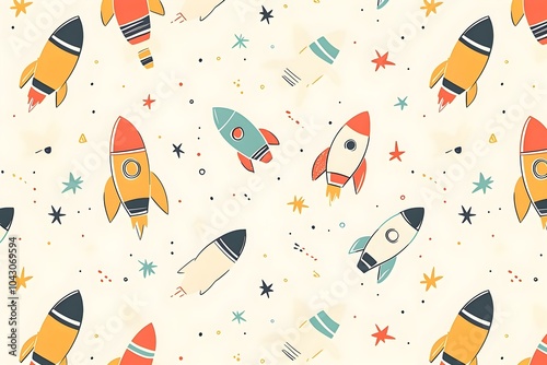 rockets planet stars astronaut seamless pattern kids party textile wallpaper illustration