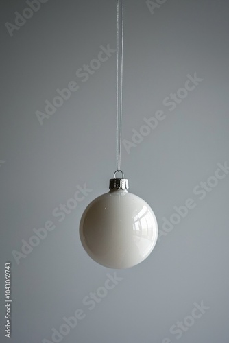 A single white Christmas ornament hanging on a thin silver string against a plain grey background