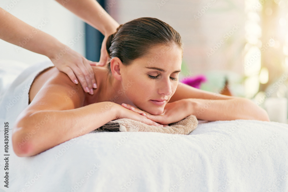 Fototapeta premium Hands, massage and stress relief with woman in spa to relax as customer for hospitality or wellness. Face, peace and shoulders of person in luxury hotel or salon for detox, retreat or treatment