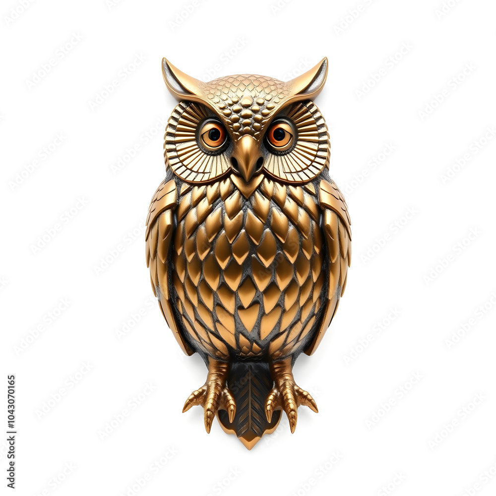Naklejka premium Owl metallic 3D image of bronze owl on white background, generative AI