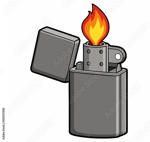 Vector illustration of a classic vintage gasoline lighter sketch featuring an open lid and a flame. Fire flame gas lighter with a fiery side view, outline, and icon. photo