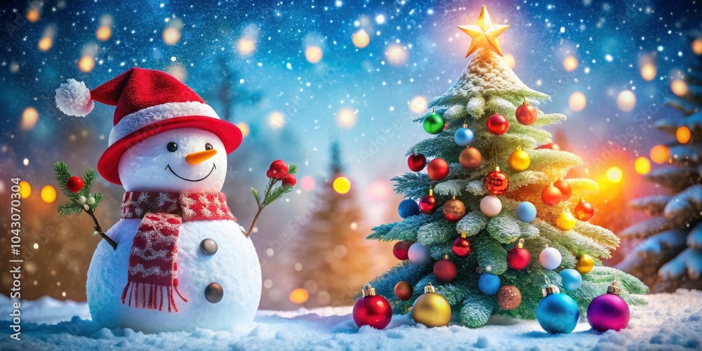 Fototapeta premium Snowman with Red Hat in Front of Christmas Tree - Festive Winter Scene with Holiday Decorations, Snowy Background, Christmas Cheer, Family Celebration, Winter Wonderland