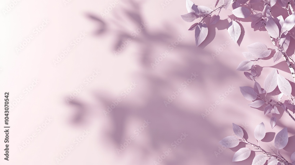 A soft pink background with delicate leaves casting shadows, creating a serene atmosphere. A soft pink background with delicate leaves casting shadows, creating a serene atmosphere.