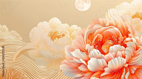 Beautiful background of peony flowers and moon with gold line texture
