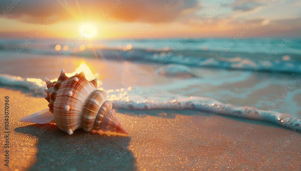 A beautiful sea shell close up on the beach with isometric view A beautiful sea shell close up on the beach with isometric view