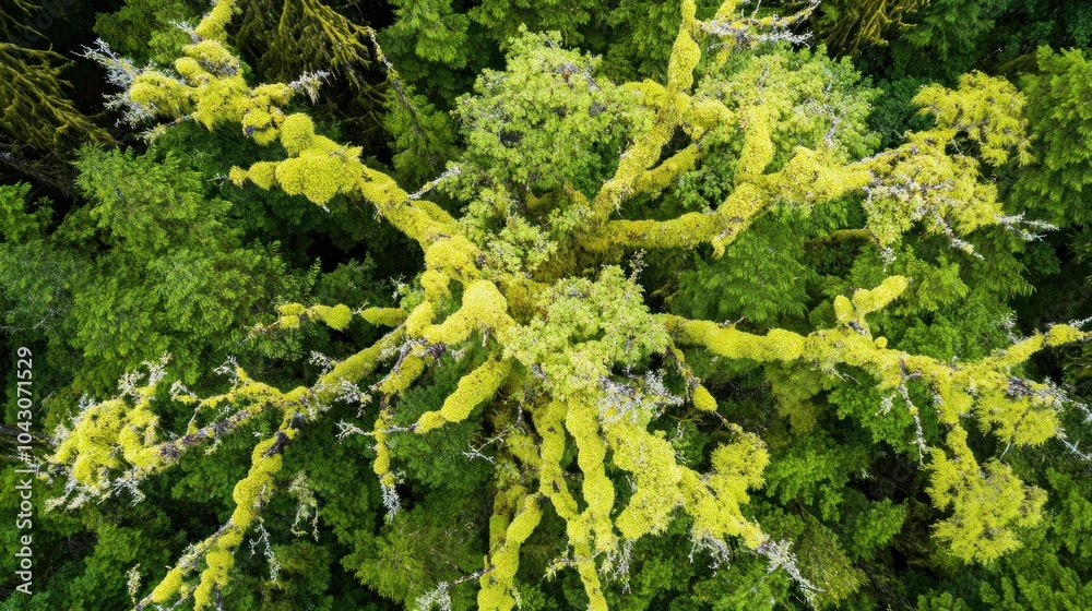 Aerial view of vibrant moss-covered trees in a dense forest. Aerial view of vibrant moss-covered trees in a dense forest.