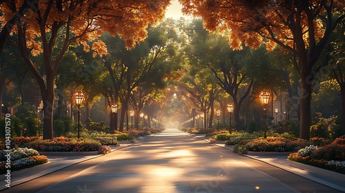 A sunlit path through a park, with golden autumn leaves on the trees and lampposts lining the way.