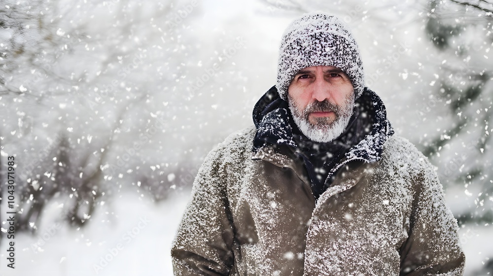 Older man in snowstorm, wearing a wool cap and coat, with a solemn expression. Older man in snowstorm, wearing a wool cap and coat, with a solemn expression.