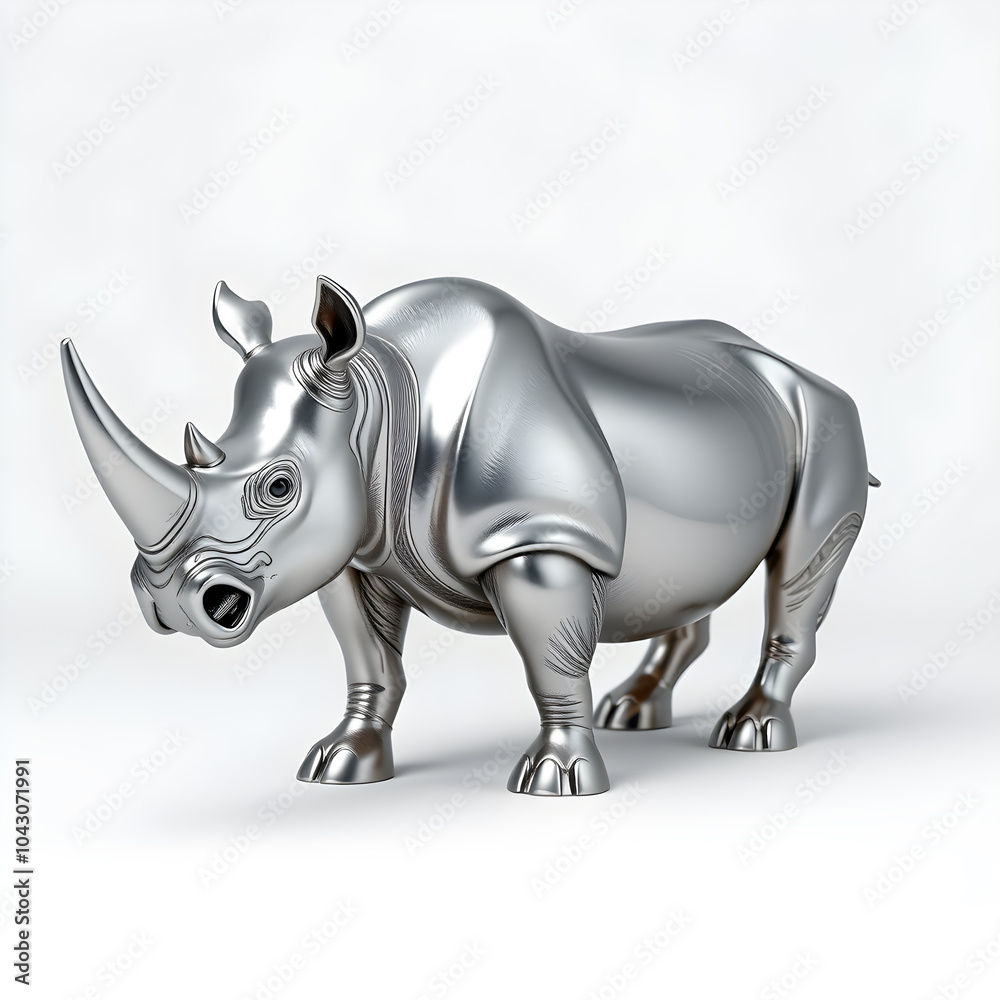 Fototapeta premium Rhino metallic 3D image of silver rhino on white background. Generative AI