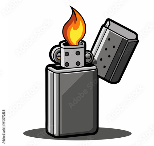 Vector illustration of a classic vintage gasoline lighter sketch featuring an open lid and a flame. Fire flame gas lighter with a fiery side view, outline, and icon. photo