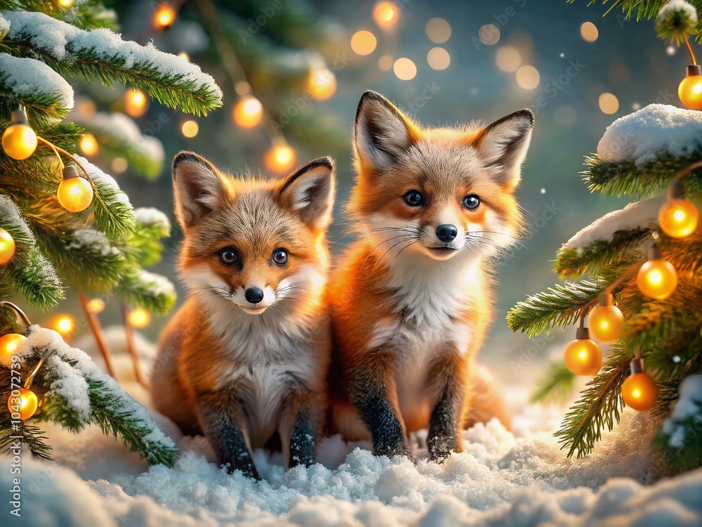 Obraz premium Adorable Christmas Foxes in a Winter Wonderland - Macro Photography of Festive Wildlife