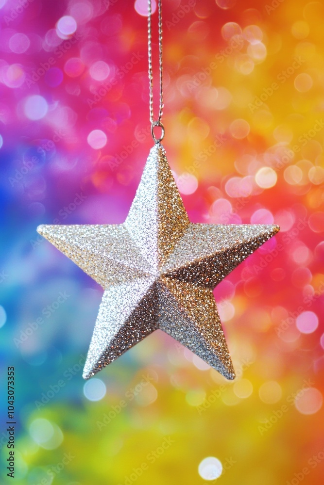 A sparkling silver star floating in front of a vibrant, colorful gradient background. A sparkling silver star floating in front of a vibrant, colorful gradient background.