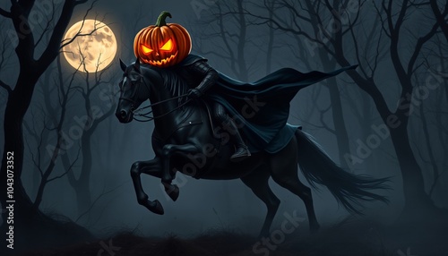 A headless horseman riding through the night, his flaming pumpkin head held high as he gallops through a foggy forest