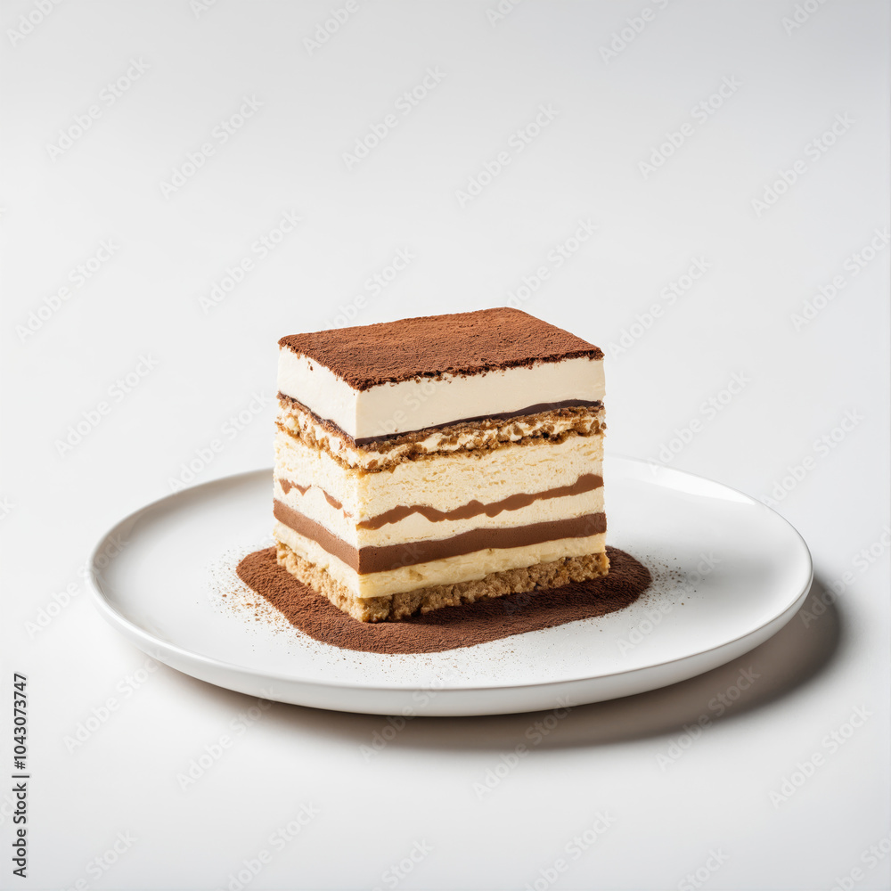 Layered tiramisu cake on white plate Layered tiramisu cake on white plate