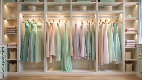 Stylish Pastel Dresses in a Closet - Elegant Fashion Photography Showcase of Soft Hues, Organized Wardrobe, Cozy Atmosphere, Trendy Styles, Fashion Inspiration, Chic Decor