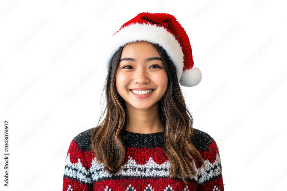 Happy Asian woman wearing Christmas sweater and Santa hat isolated on a transparent background Happy Asian woman wearing Christmas sweater and Santa hat isolated on a transparent background