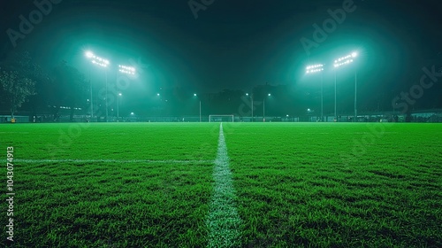 green soccer field with the winners' background in the spotlights 