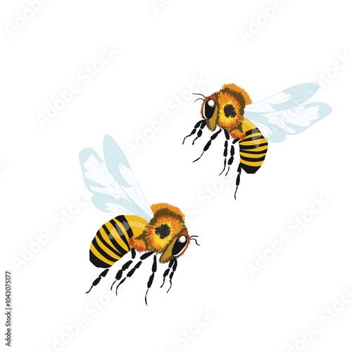 Cartoon bee mascot. A small bees flies. Wasp collection. Vector characters. Incest icon. Template design for invitation, cards. Doodle style