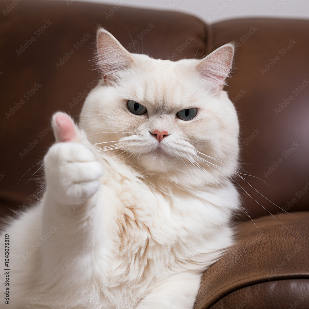 Fototapeta premium Cute white cat showing thumb up finger gesture. 