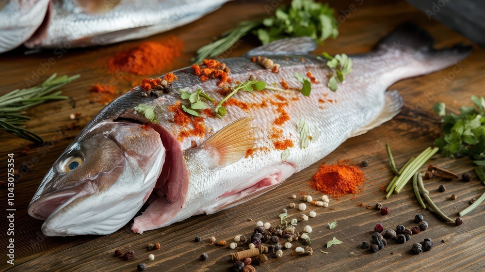 Marinated fish with spices on a table food photography, Salmon Fish with salt chili spices marinated isolated Meal Photography Marinated fish with spices on a table food photography, Salmon Fish with salt chili spices marinated isolated Meal Photography