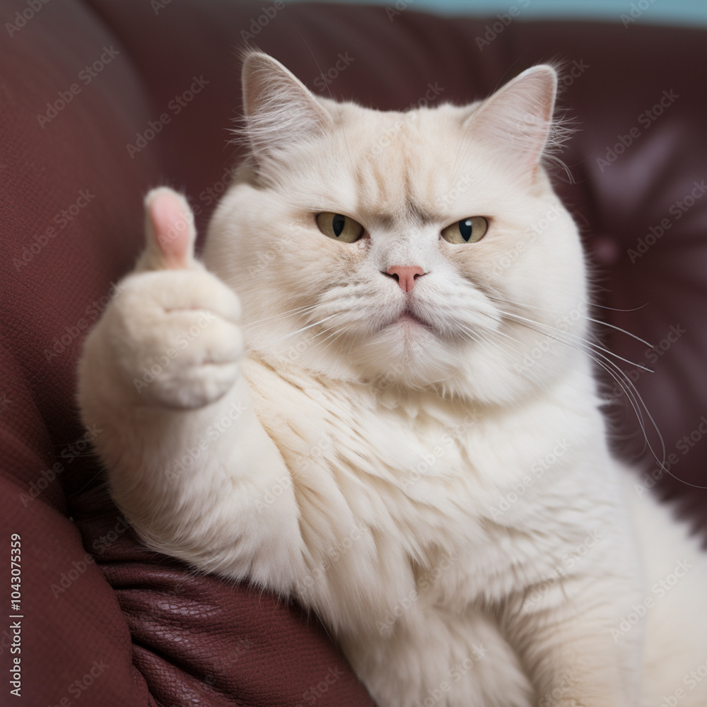 Cute white cat showing thumb up finger gesture. Cute white cat showing thumb up finger gesture.