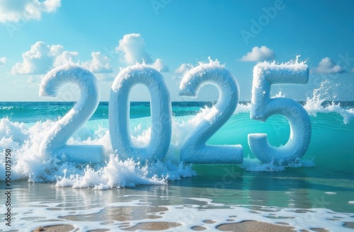 2025 numbers floating on ocean wave on sunny day. Happy new year celebration