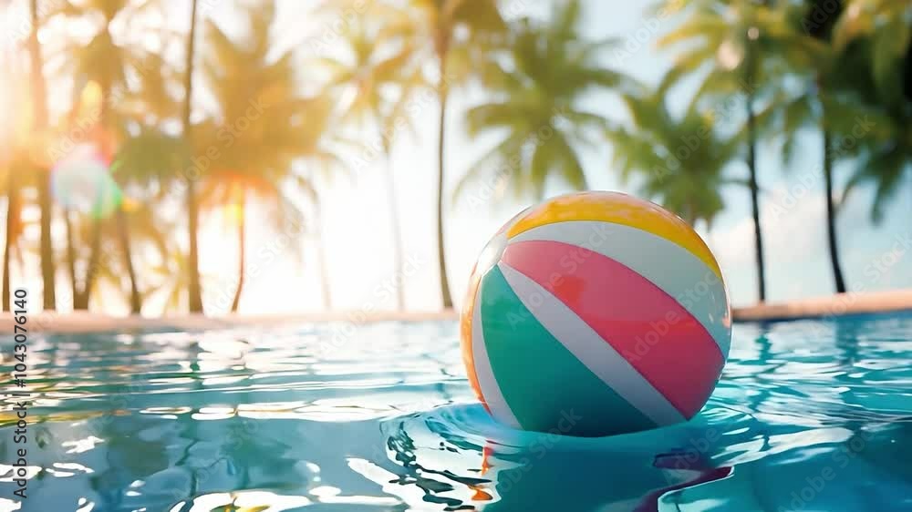 Colorful beach ball floating on swimming pool and palm trees on background