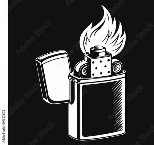 Vector illustration of a classic vintage gasoline lighter sketch featuring an open lid and a flame. Fire flame gas lighter with a fiery side view, outline, and icon. photo