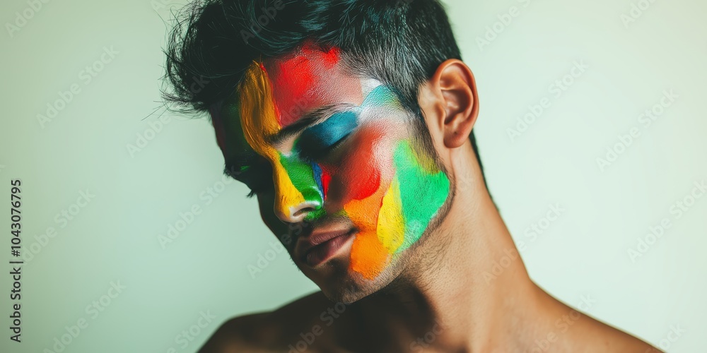 Naklejka premium Vibrant minimalist portrait of a hispanic man with rainbow face paint under soft studio lighting