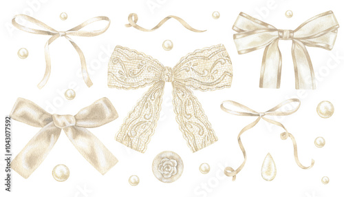 Elegant watercolor set of beige satin bows and ribbons in vintage pastel tones. Perfect for wedding invitations, greeting cards, and decorative stationery. Hand drawn detailed with soft textures
