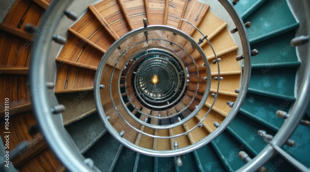 Obraz premium A metallic spiral staircase twisting upwards, with each step changing in material from wood to glass.