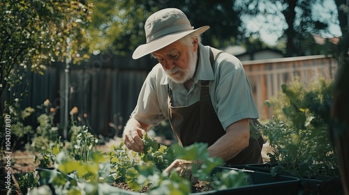 Elderly blind man gardening by touch, feeling plant leaves, sunny backyard setting, raised garden beds visible, medium shot photo