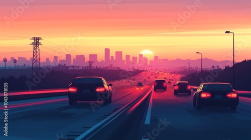 metropolitan rush hour scene, simplified car shapes with silhouetted drivers, parallel highway lanes, pastel cityscape horizon, clean vector art, three-color vehicle scheme, gradient sky atmosphere