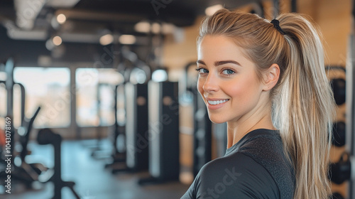 Woman with blonde hair and a pink tank top is smiling in a gym. She is posing for a picture and she is happy and confident