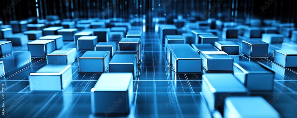 Abstract blue blocks on a digital grid, symbolizing technology and data processing. Abstract blue blocks on a digital grid, symbolizing technology and data processing.