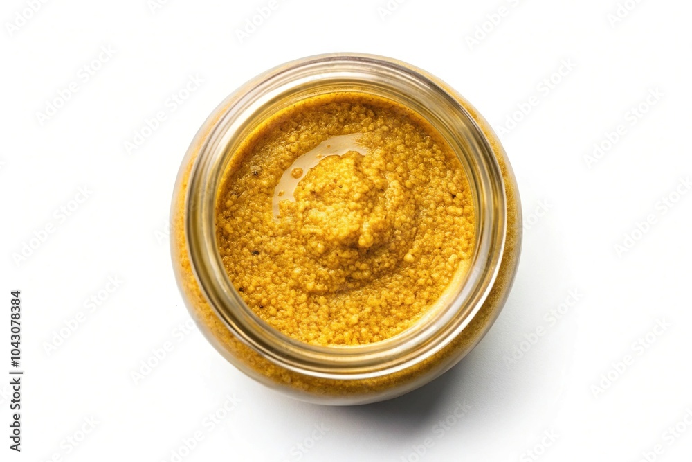 Glass jar of mustard isolated on white background aerial view Glass jar of mustard isolated on white background aerial view