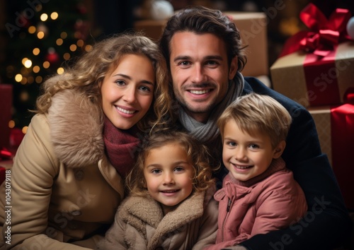 family of three in christmas indoor, tree with gifts, 