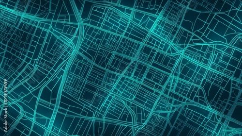 abstract urban map pattern, glowing cyan grid lines, geometric street layout, modern cartographic design, neon turquoise background, minimalist city planning aesthetic, seamless vector illustration photo