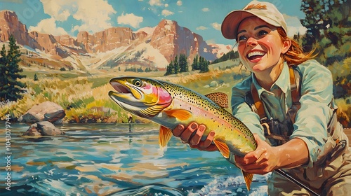 woman fly fishing catching rainbow trout.  photo