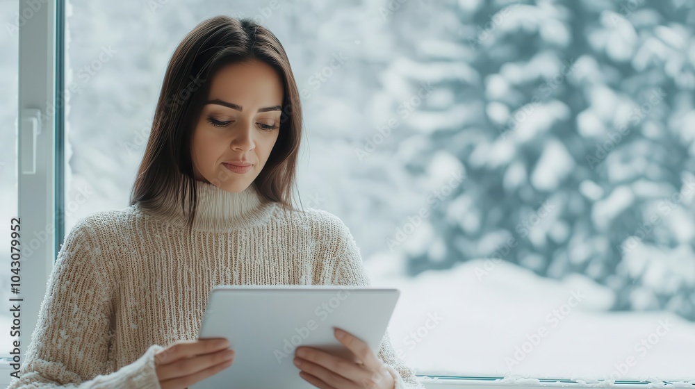 © Adisak - Woman using tablet indoors during winter, snow-covered scenery outside. © Adisak - Woman using tablet indoors during winter, snow-covered scenery outside.