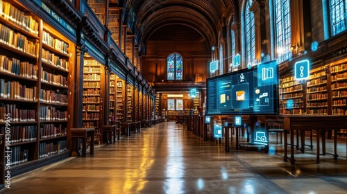 A grand library interior showcasing bookshelves, digital interfaces, and a scholarly atmosphere.