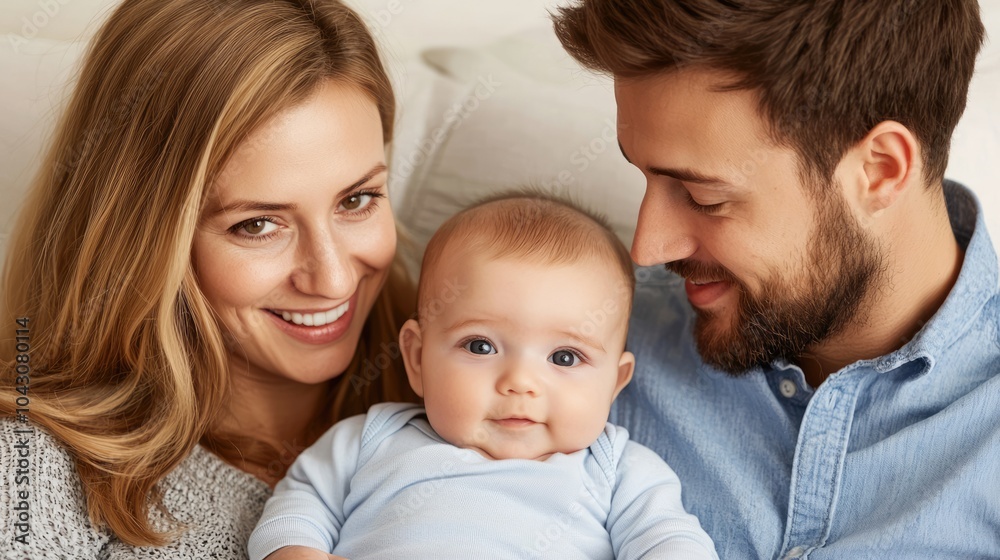 A warm family portrait featuring a smiling couple with their baby, showcasing love and connection in a cozy setting. A warm family portrait featuring a smiling couple with their baby, showcasing love and connection in a cozy setting.
