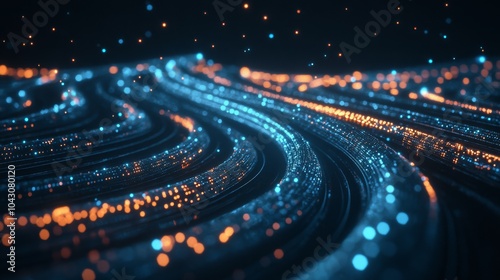 winding path of luminous blue data, floating alphanumeric characters, abstract technology landscape, deep navy backdrop, sci-fi aesthetic, digital information flow, computer network representation