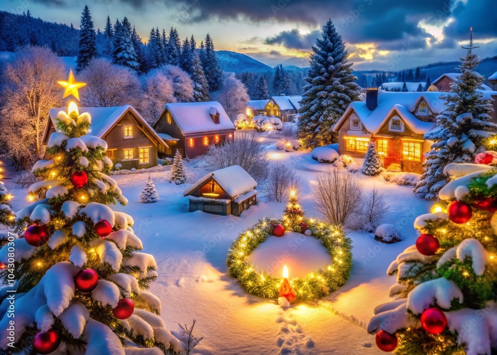 Obraz premium Aerial Countdown to Christmas Celebration with Festive Decorations and Snowy Landscape