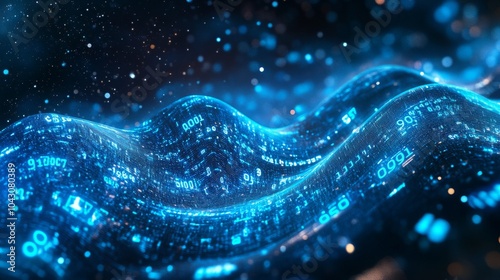 meandering digital current, illuminated blue alphanumeric symbols, virtual data flow, deep space-like background, futuristic information conduit, tech concept illustration, digital transformation